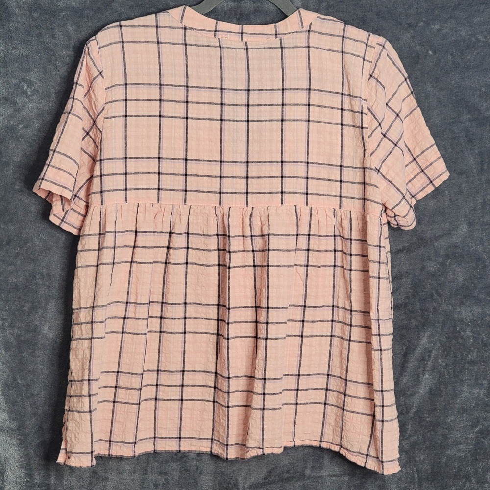 Gloria Vanderbilt Blouse Womens Medium Pink Plaid Short Sleeve V-Neck Seersucker - Picture 5 of 10
